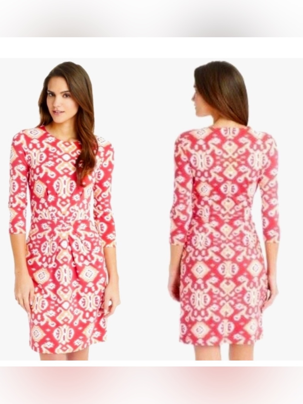 J. McLaughlin Mia Ikat Pink and Cream Patterned Catalina Cloth 3/4-Sleeve Dress